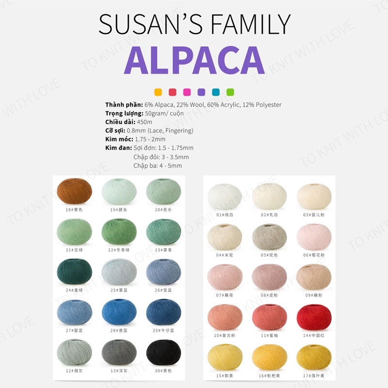 [HÀNG CÓ SẴN] Len đan/móc áo, khăn, mũ mùa đông Susan's Family Alpaca mềm, nhẹ, sợi 1mm, cuộn 50g