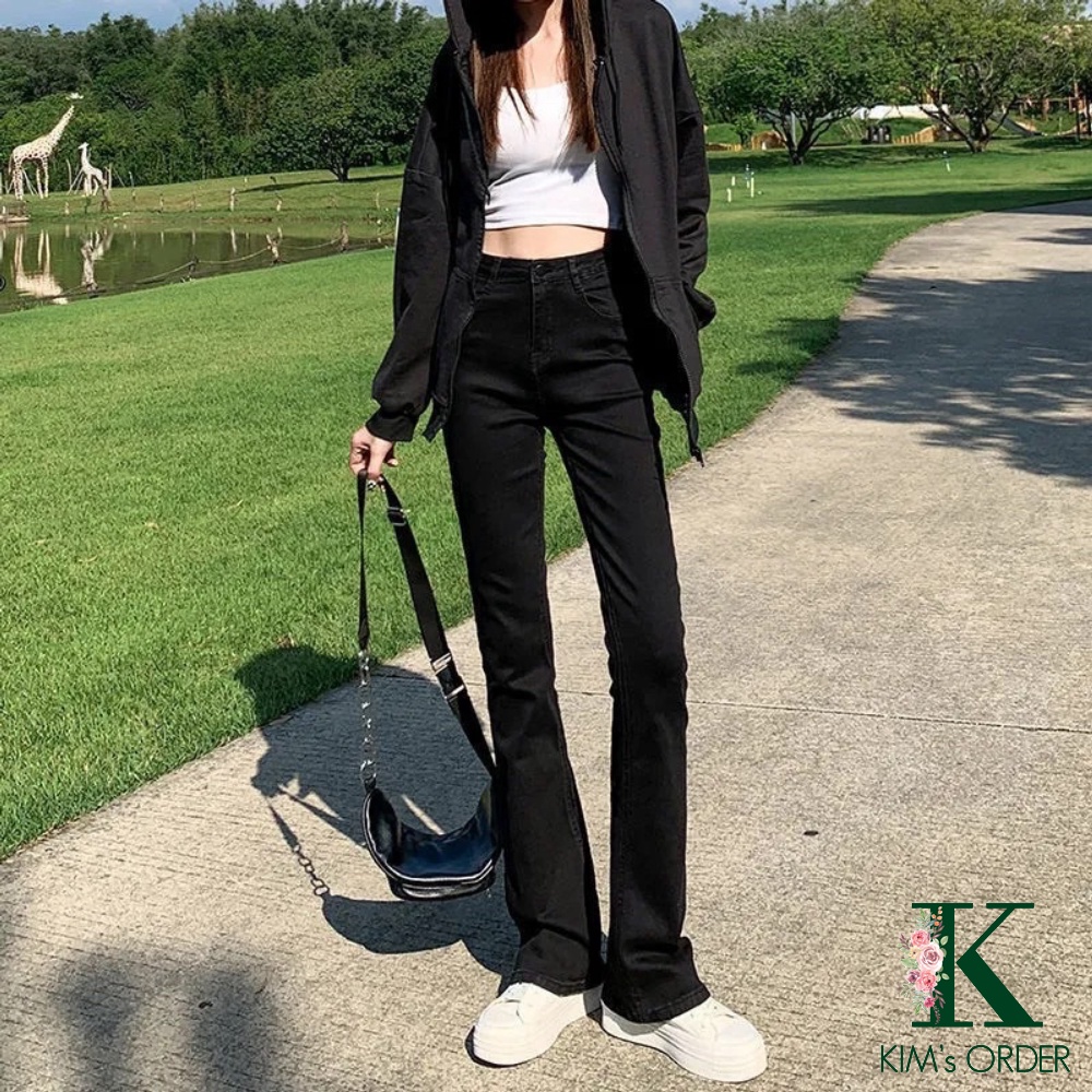 Quần Jeans Ống Loe Nữ Màu Đen Nâu Cạp Cao Loại 1 Chất Jean Kaki Co Dãn Style Hàn Cá Tính Mặc Hàng Ngày Có Bigsize