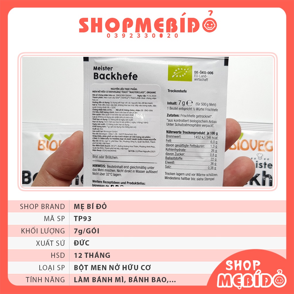 Men Nở Hữu Cơ BackHefe BioVegan 7g Đức Làm Bánh Mì Bánh Bao Cho Bé Ăn Dặm Shop Mẹ Bí Đỏ TP93