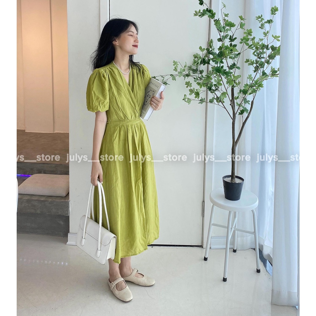 Đầm tơ nhăn cổ V 3 màu tiểu thơ