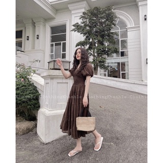 Váy maxi chun ngực tay bồng