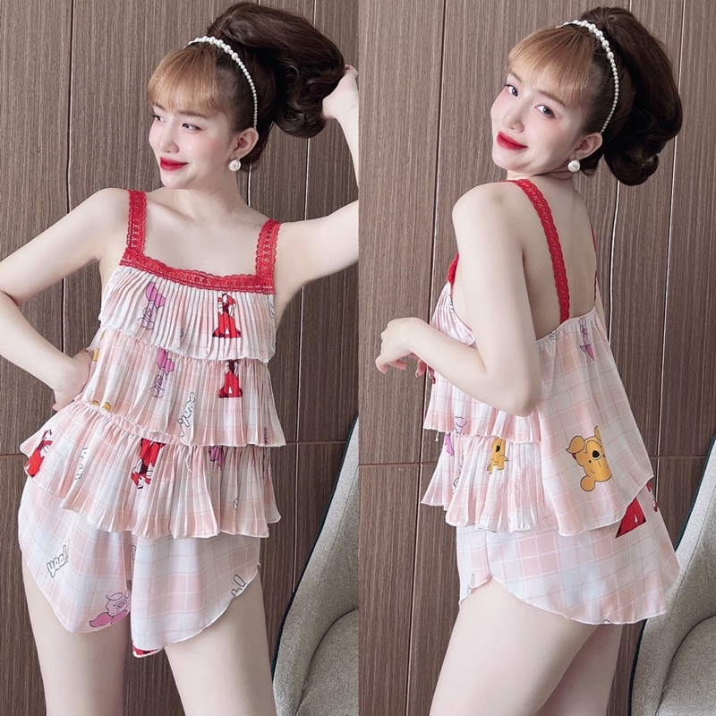 (Dưới 65kg) Đồ bộ mặc nhà 2 dây áo dập ly 3 tầng phối quần đùi ngắn cực sexy và mát cho bạn nữ