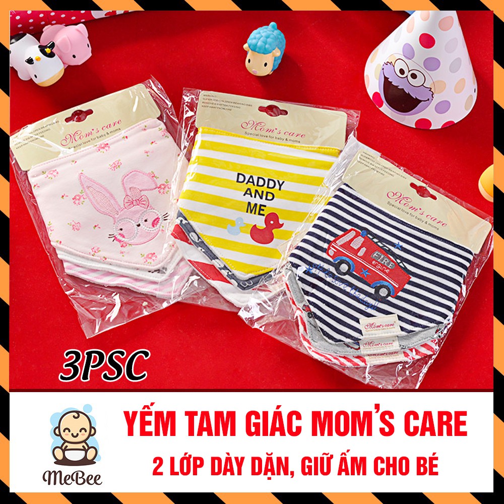 Set 3 Khăn yếm tam giác Mom's Care QUẢNG CHÂU 2 lớp dày dặn, có cúc bấm tiện lợi cho bé (MỚI)