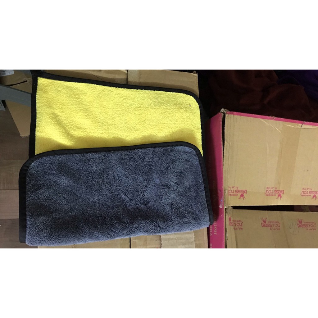 Khăn microfiber 2 măt siêu dày Xám - Vàng thấm nước tốt lau ô tô chuyên dụng