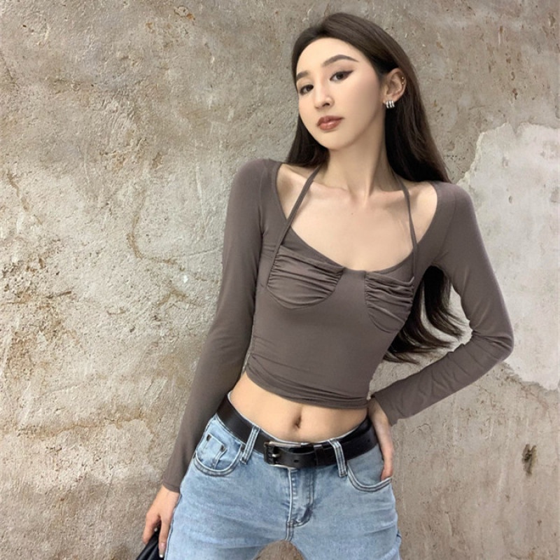 Áo Croptop Tay Dài Thiết Kế Ôm Sát Quyến Rũ Hợp Thời Trang