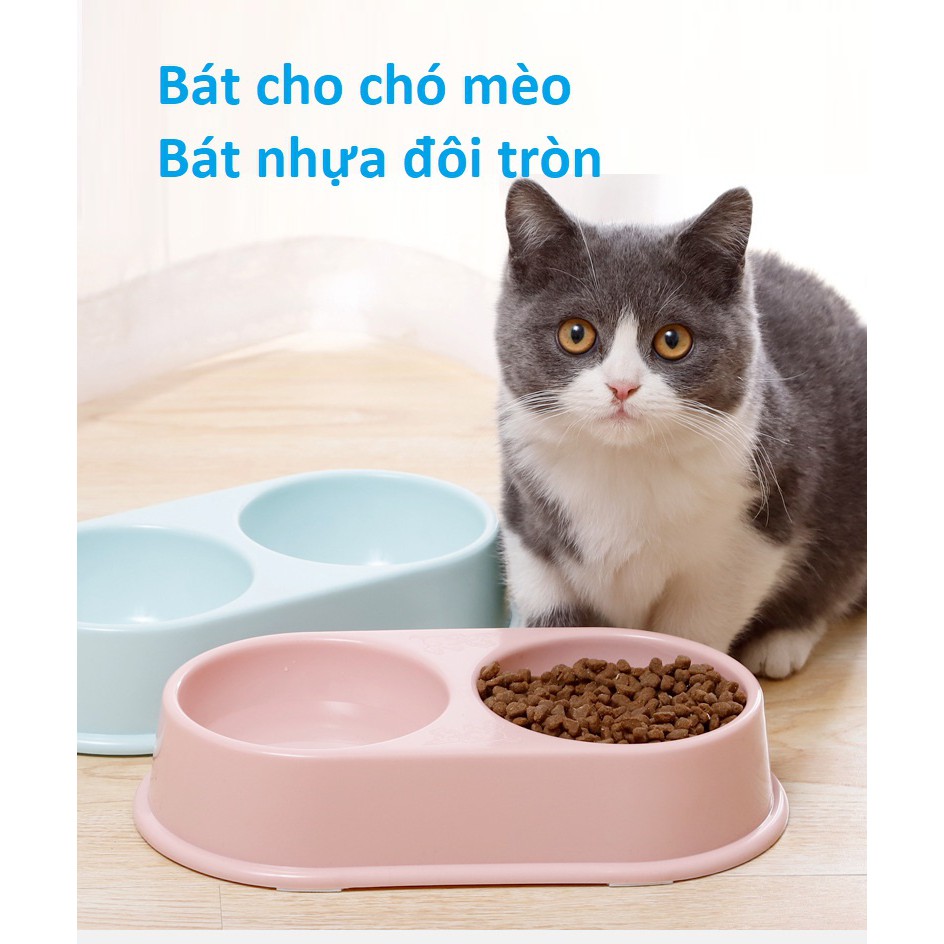Bát ăn chó mèo 2 ngăn (2 loại) Bát nhựa đôi ăn uống 2 ngăn vuông hoặc tròn, chén ăn uống thú cưng