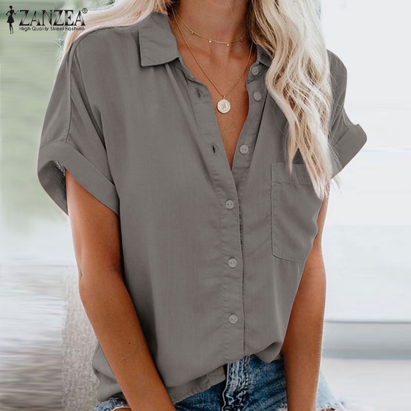 Zanzea Áo Sơ Mi Tay Ngắn Có Túi Phong Cách Retro Châu Âu Thời Trang Cho Nữ