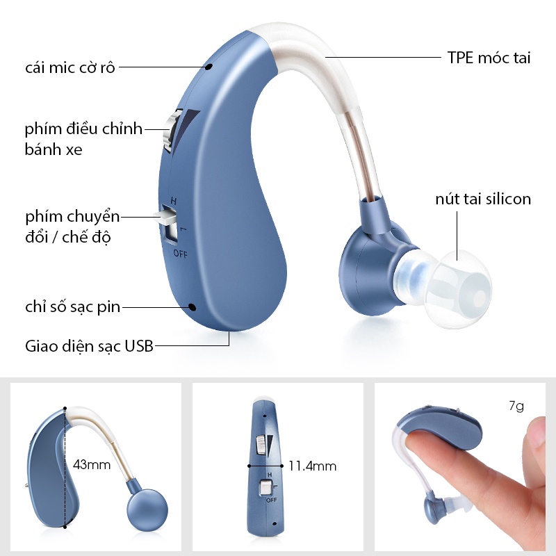 Britzgo Giảm nhiễu Máy Trợ Thính điếc USB Phí Cho Người Già Bộ khuếch đại nghe giảm nhiễu điếc VHP-1204 bạc xanh