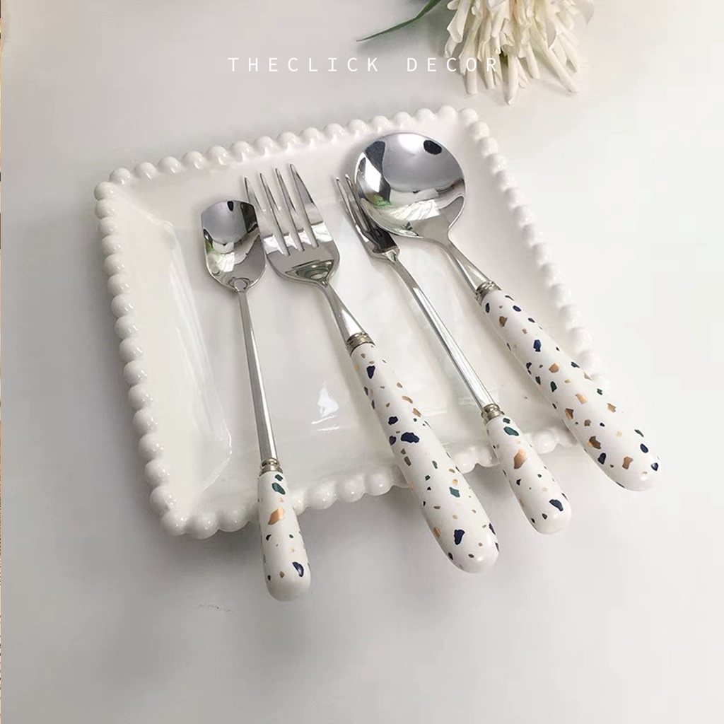 Set Thìa Dĩa Họa Tiết Vân Đá Cao Cấp Thép Không Rỉ Phong Cách Bắc Âu DECOR Bàn Ăn Sang Chảnh