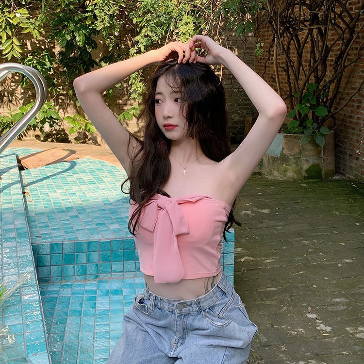 Jiashucheng Áo Hai Dây Thắt Nơ + Áo Khoác Cardigan Chống Nắng Ngọt Ngào Dễ Phối Đồ Phong Cách Nhật Bản