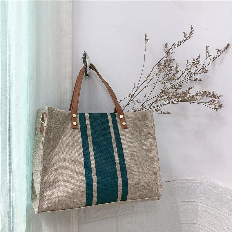 Cặp xách tay nữ sọc túi vải lớn một vai đơn giản | BigBuy360 - bigbuy360.vn