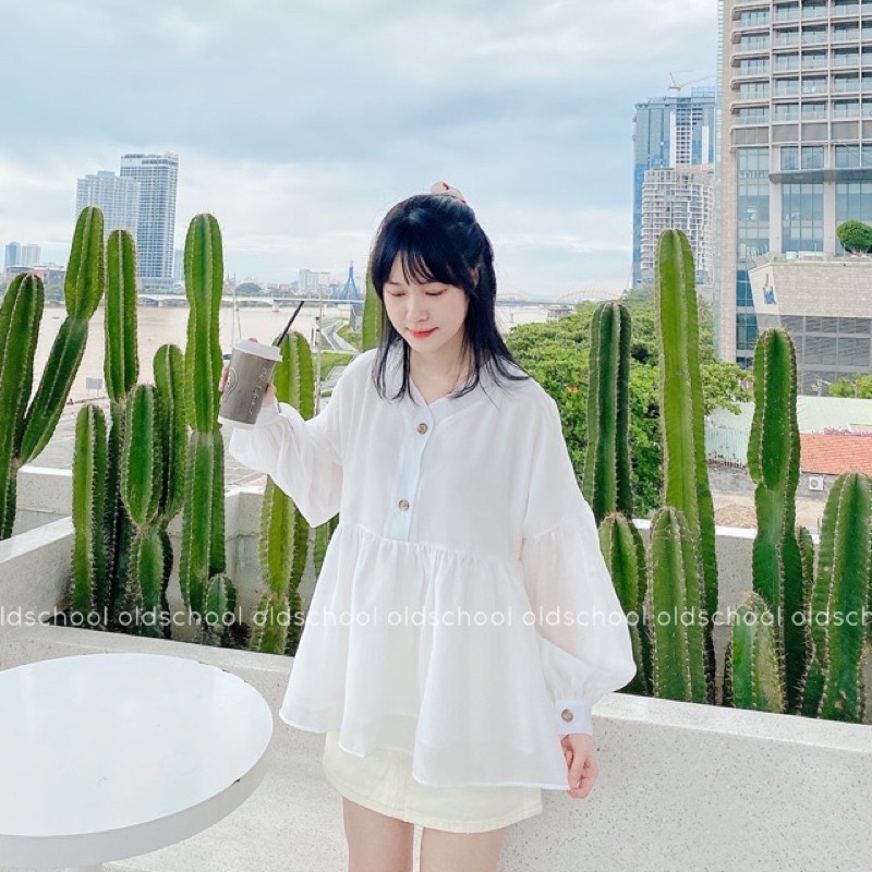 Áo sơ mi nữ cổ chữ V dài tay bồng cúc gỗ, Áo babydoll voan tay phồng đẹp  (TTA110)