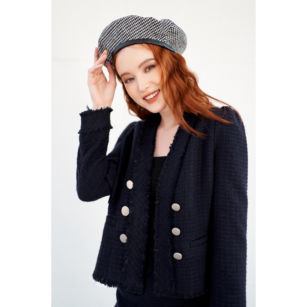 Áo khoác blazer tweed cổ V rua nẹp navy 1BL2028 ADORE DRESS