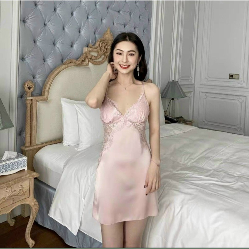 Váy Ngủ Nữ Hai Dây Sexy thiết kế ren chéo eo kèm họa tiết ren ngực xuyên thấu sexy gợi cảm mã V03