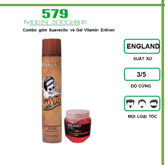 Gel Vuốt Tóc Nam Vitamin Enliven 250ml + Gôm Keo Xịt Tóc Nam Suavecito 400ml [Combo Sáp Gôm Chuẩn]