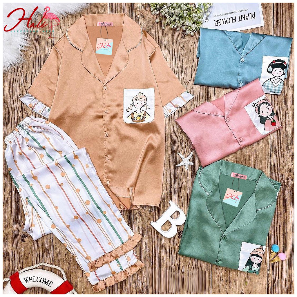Bộ ngủ Pijama lụa satin phối bèo
