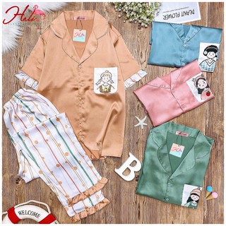 Bộ ngủ Pijama lụa satin phối bèo