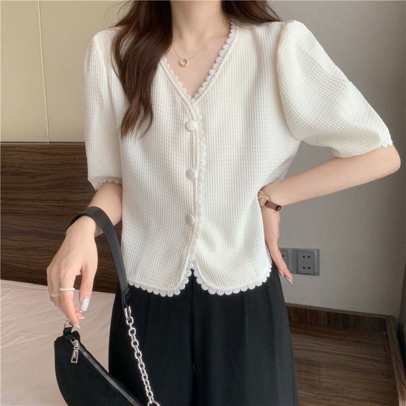 Áo Sơ Mi Ngắn Tay Cổ Chữ v Dáng Ôm Phong Cách Hàn Quốc Mới Cho Nữ NZ-CS-36