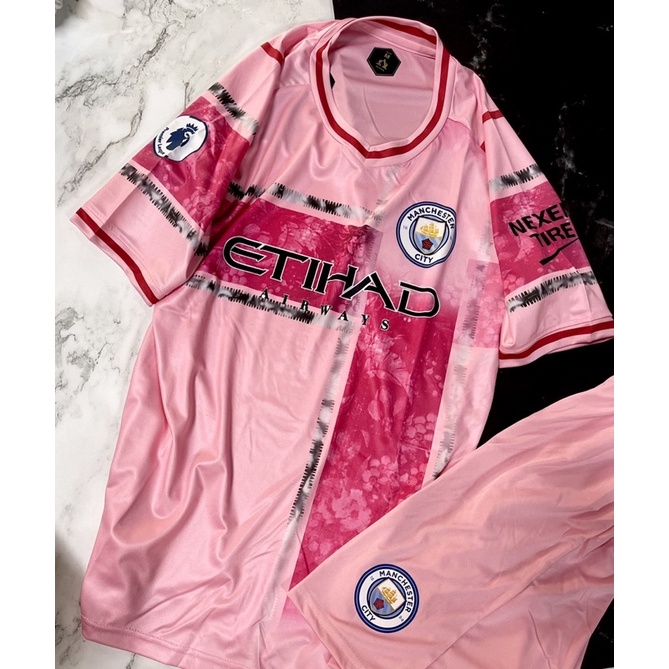 Set Bộ quần áo bóng đá vải thun thái clb mancity áo màu hồng quần màu hồng 2022