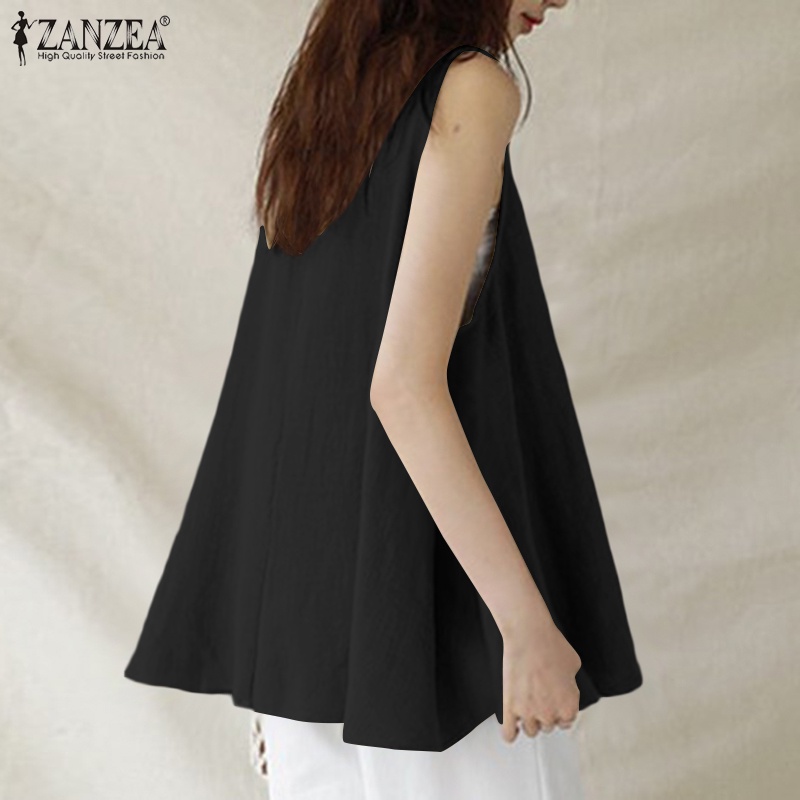 Áo Kiểu ZANZEA Cổ Tròn Màu Trơn Không Tay Có Thắt Lưng Cho Nữ Mặc Thường Ngày