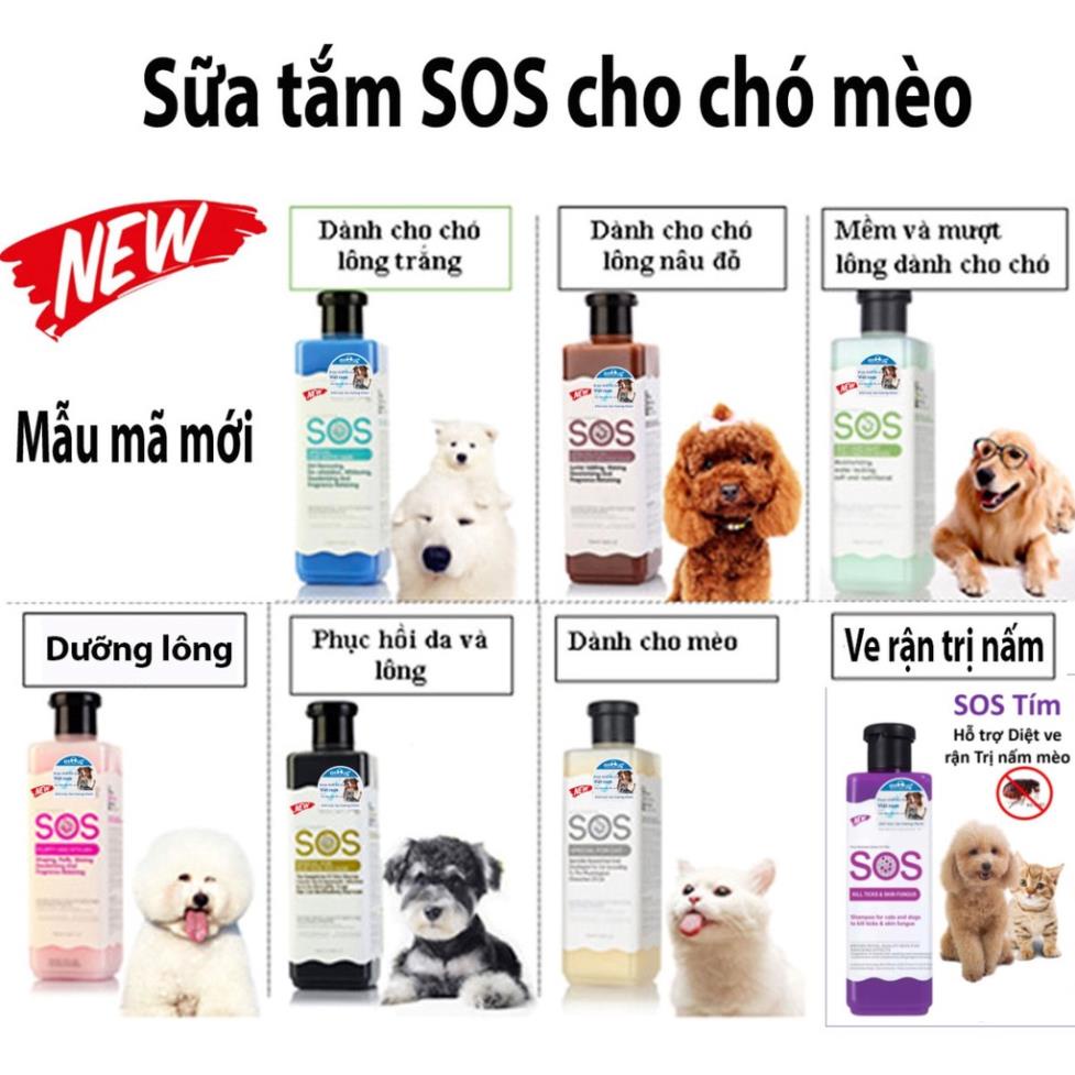 Sữa Tắm SOS cho chó mèo 530ml loại SOS Xanh dương chó lông trắng