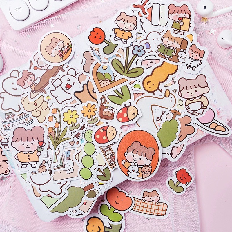 Sticker gói 50 miếng dán sổ, điện thoại mẫu bé gái trái đào, bé thỏ cute hoạt hình dễ thương
