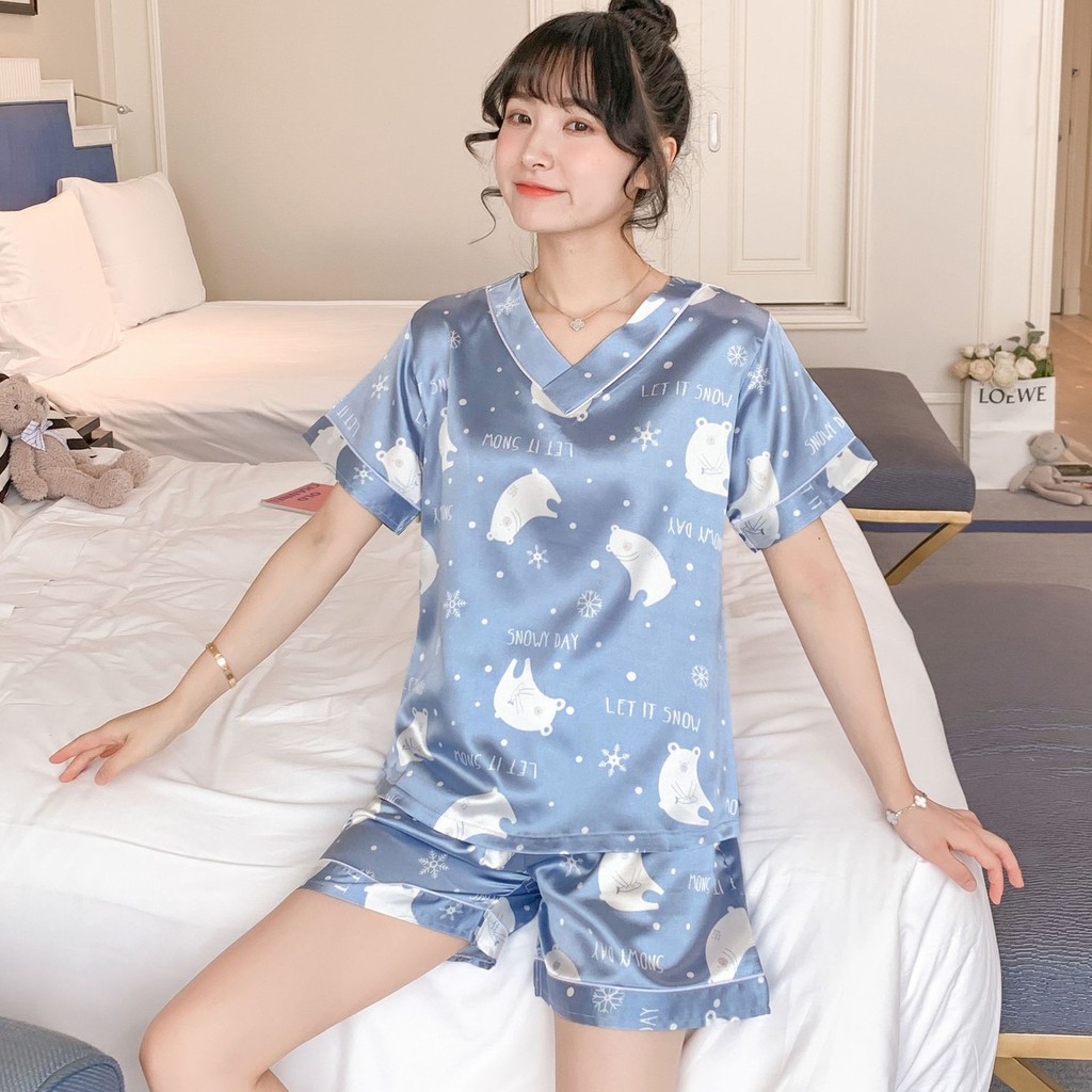 BỘ NGỦ PIJAMA MẶC NHÀ HÌNH DỄ THƯƠNG - Bộ lụa ngắn  tay hoạ tiết Cao cấp [[FREE SHIP]