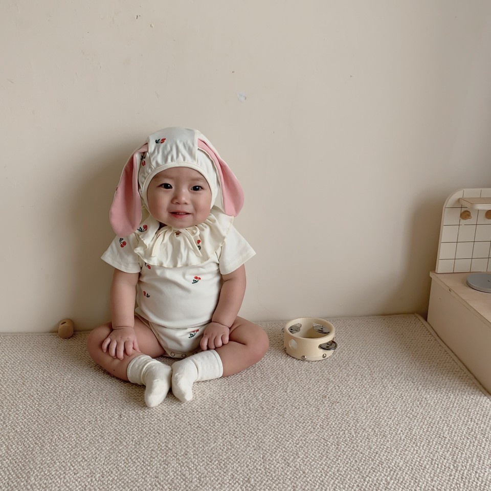 Bộ Áo Liền Quần Tay Ngắn + Mũ Tai Thỏ Thời Trang Mùa Hè Cho Bé Gái Sơ Sinh