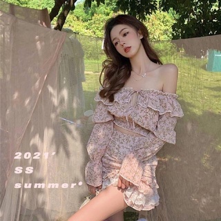 Order set váy hoa nhí áo trễ vai và chân váy chữ a bèo nhún ulzzang