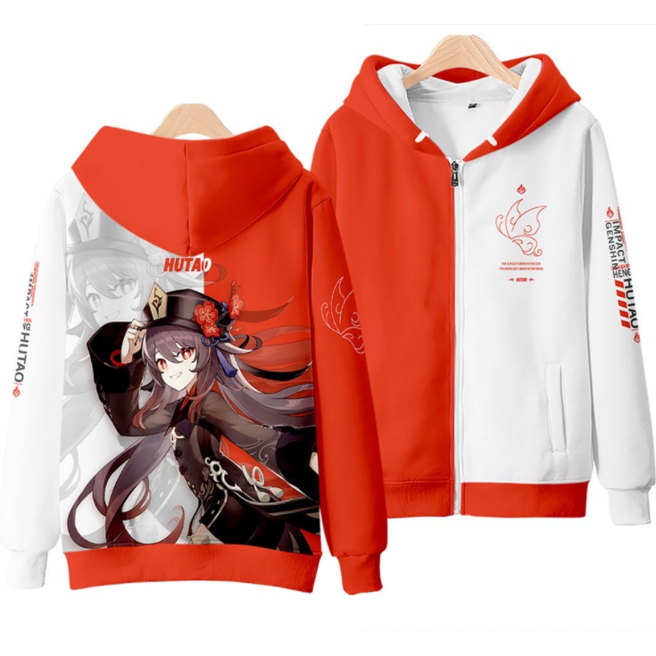 Áo Khoác Hoodie Tay Dài Dáng Rộng Có Khóa Kéo In Họa Tiết Genshin Va Chạm Hu Tao 3D Thời Trang Unisex 2022