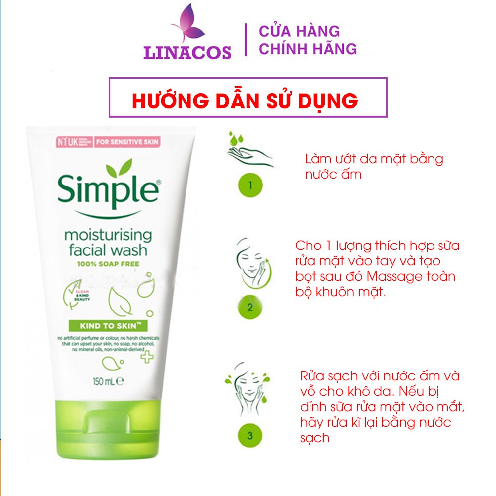 Sữa rửa mặt, Sữa rửa mặt Simple Moisturising Facial Wash, Sữa Rửa Mặt Dưỡng Ẩm Kiềm Dầu 150ml - LINACOS