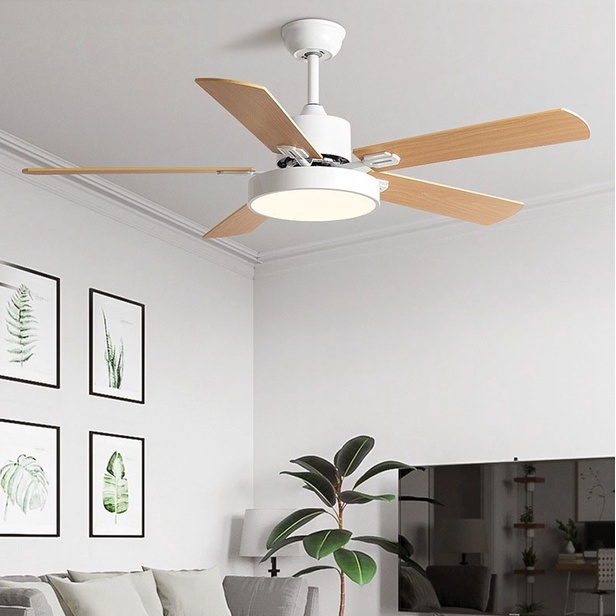 Quạt đèn Trần cánh gỗ Hiện Đại đơn giản phong cách Bắc Âu trang trí phòng khách, phòng ngủ ☘ 5 cánh gỗ 52inch, Đèn LED☘