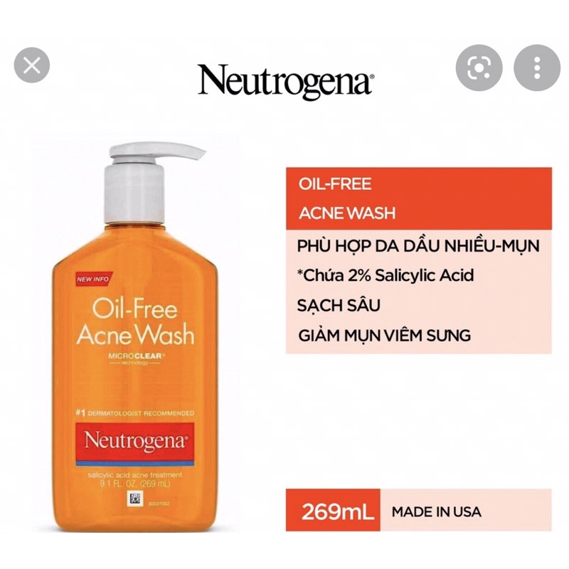 Sữa rửa mặt danh cho da mun Neutrogena Oil Free Acne Wash 269ml