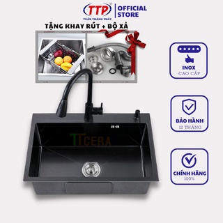 Chậu rửa chén bát đơn 1 hố nano đen 60x45cm - inox tuấn thành phát