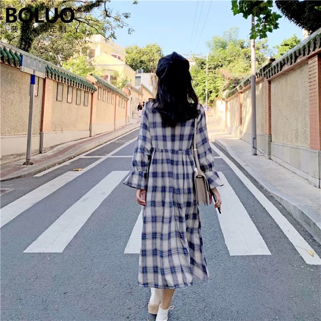 Bigsize M-4XL Set rời đầm sơ mi kẻ dài tay cổ nơ + yếm