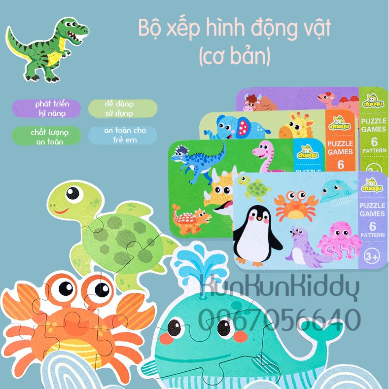 [6 in 1] BỘ XẾP HÌNH BẰNG GỖ HỘP THIẾC CHO BÉ