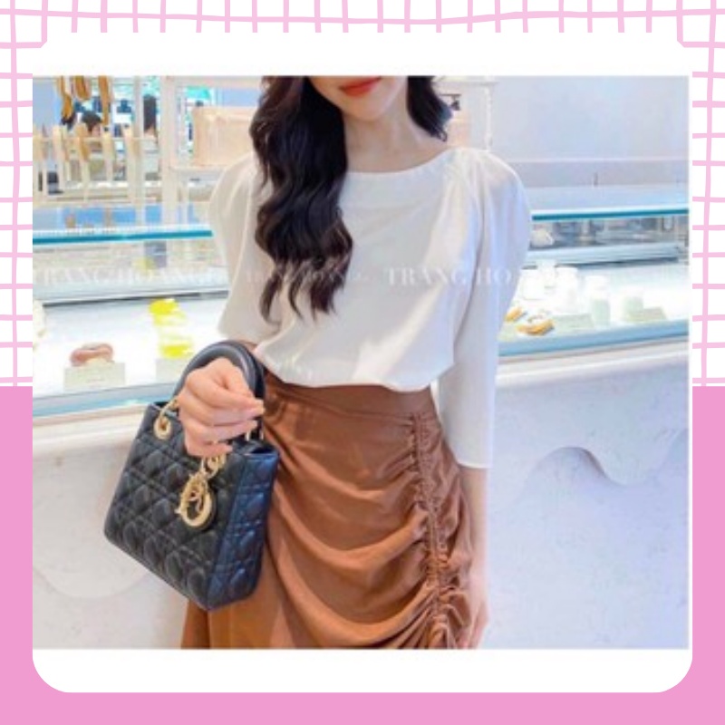 💃 Bộ Áo Đũi Tay Lỡ Cổ Thuyền Kèm Chân Váy Nhúm Dây Rút X055