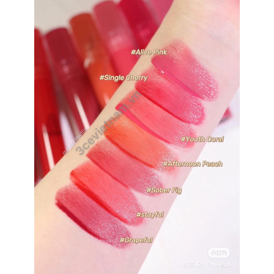 Son Tint 3CE Syrup Layering Tint #STAYFULL #SOBER FIG #GRAPEFUL#ALIVE PINK #SINGEL CHERRY#YOUTH CORAL