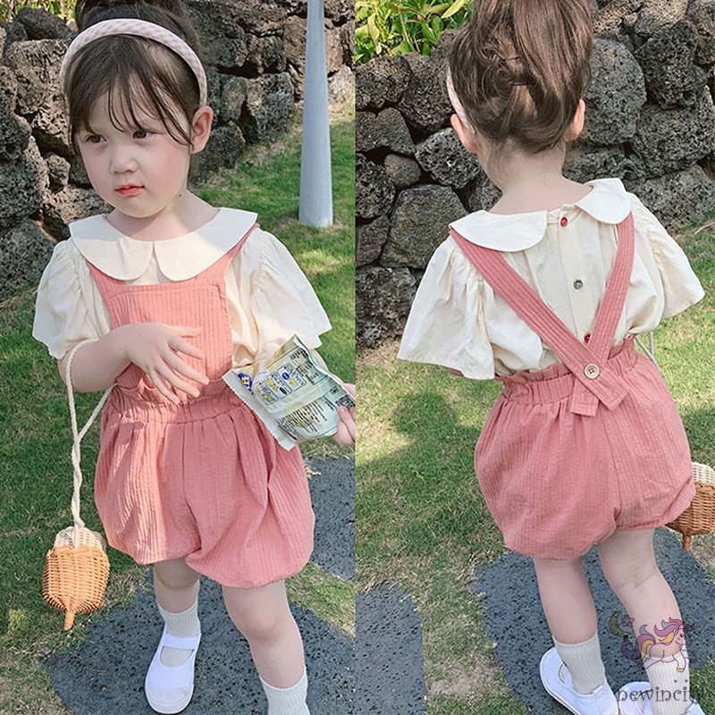 Bộ áo kiểu ngắn tay + quần yếm phong cách Hàn Quốc thời trang mùa hè cho bé gái