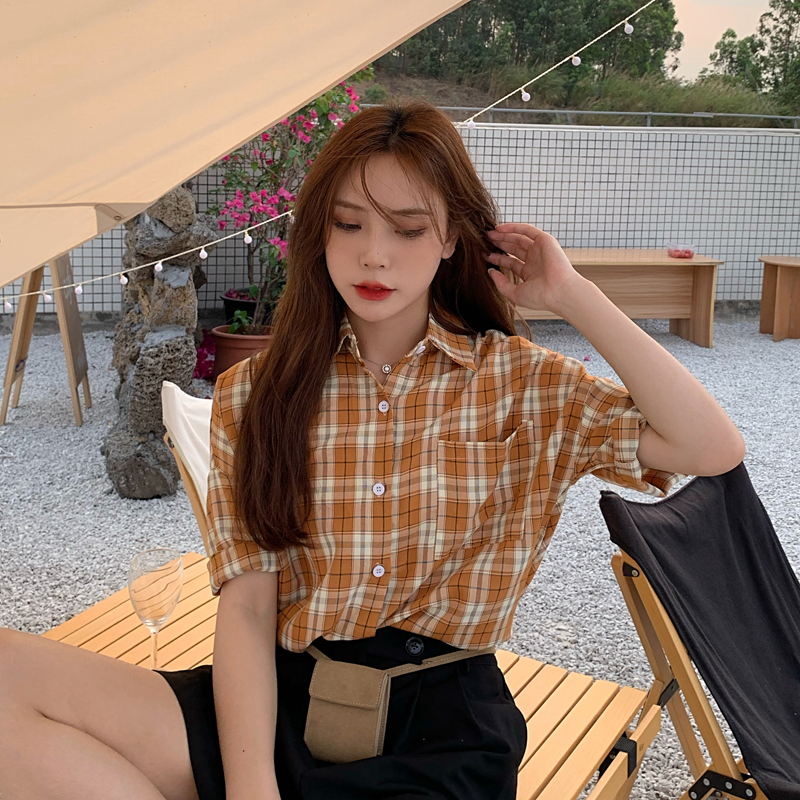 SUXI Áo sơ mi tay ngắn họa tiết caro phong cách Hàn Quốc cá tính cho nữ
