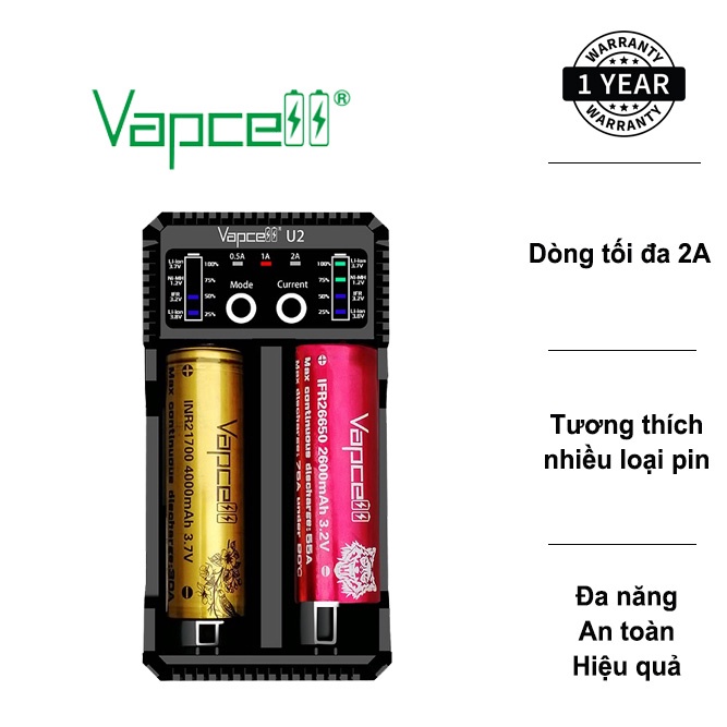 Sạc đôi dự phòng thông minh VAPCELL U2 dòng sạc nhanh 2A có màn hình hiển thị dung lượng