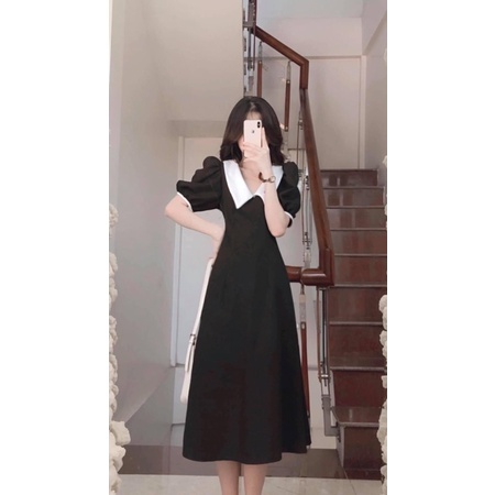 Đầm midi đen phối cổ trắng tay phồng tiểu thư MS010