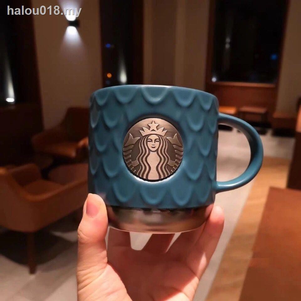 ☫Cốc Cà Phê Starbucks Bằng Gốm Sứ Họa Tiết Vảy Cá Xanh Lam Đậm Cổ Điển Phiên Bản Giới Hạn