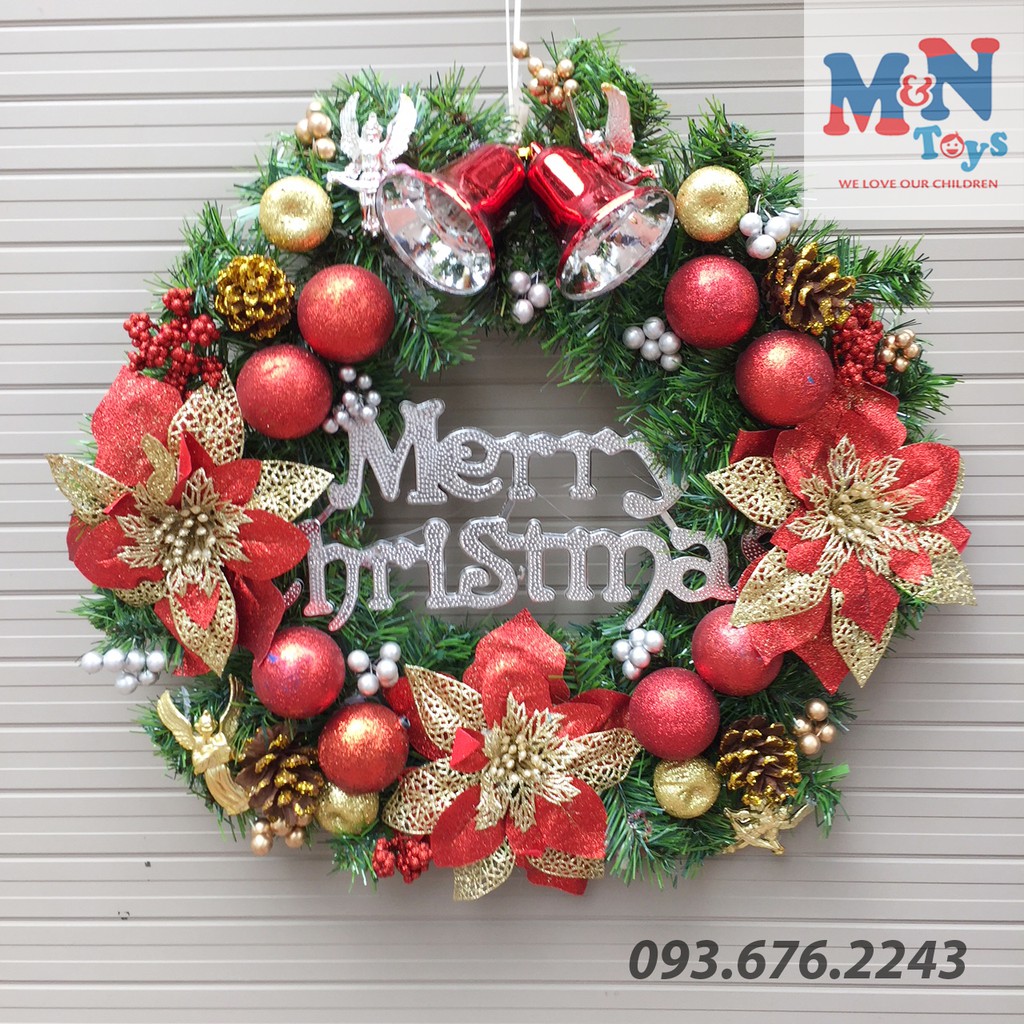 Vòng nguyệt quế trang trí Noel D=50cm châu đỏ
