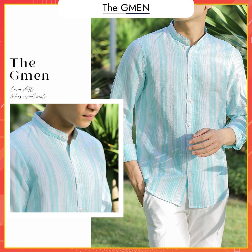 [Giảm 10% Mã SKMLTSM12] Áo sơ mi nam dài tay The GMEN Linen cổ trụ thiết kế kẻ sọc, thoáng mát, thấm hút mồ hôi | BigBuy360 - bigbuy360.vn