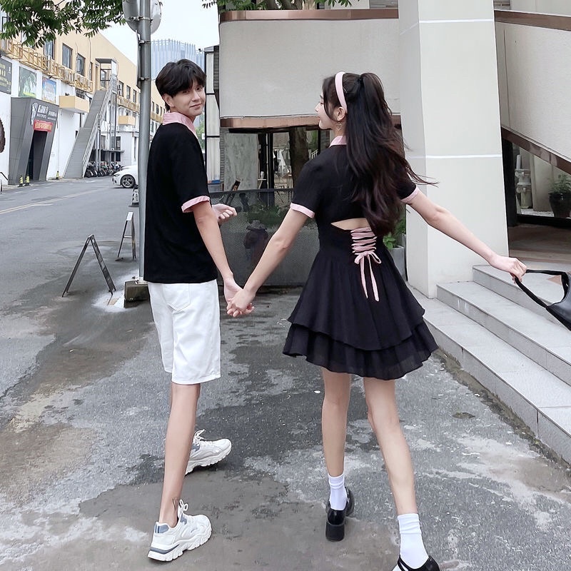 Váy Polo Nữ Màu Đen Buộc Dây Nơ Lưng Cổ Sơ Mi Dáng Xoè Phong Cách Hàn Quốc Năng Động Thể Thao Cá Tính Loại 1