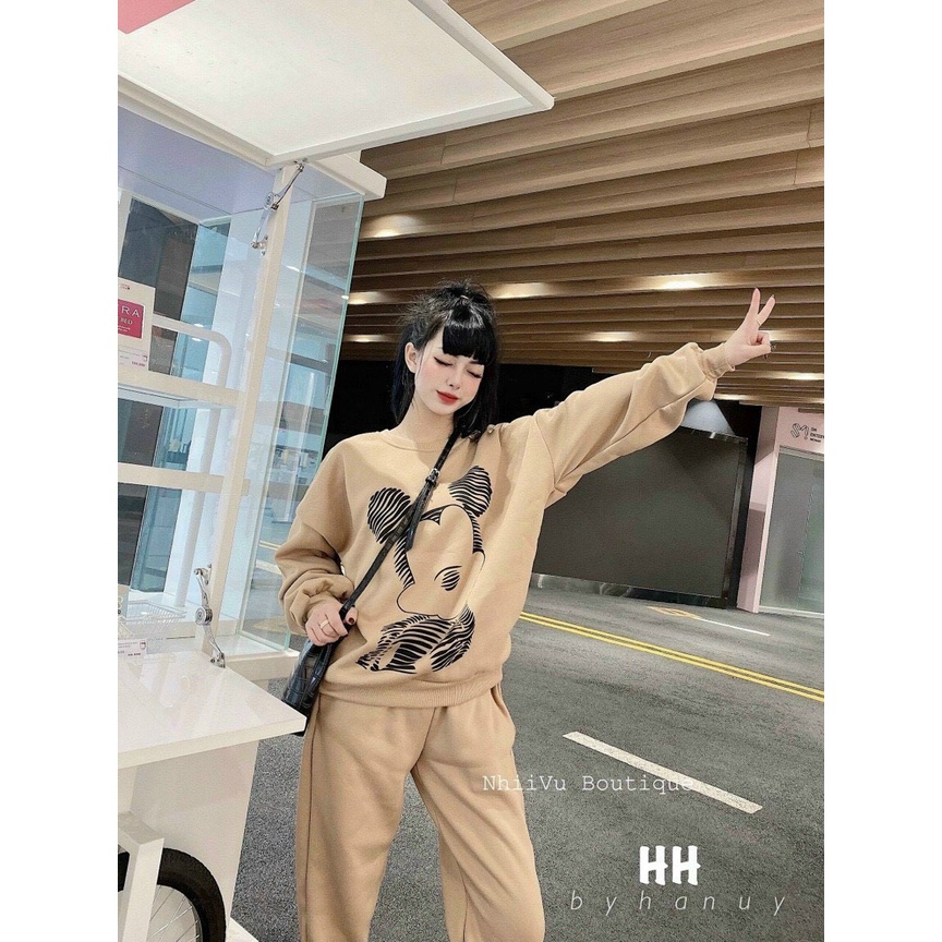 Set bộ đồ nữ nỉ dài tay in hình mickey siêu cute dành cho các nàng cá tính, năng động mang đi chơi
