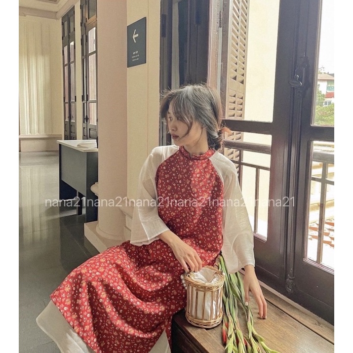 Đầm áo dài hoa cách điệu