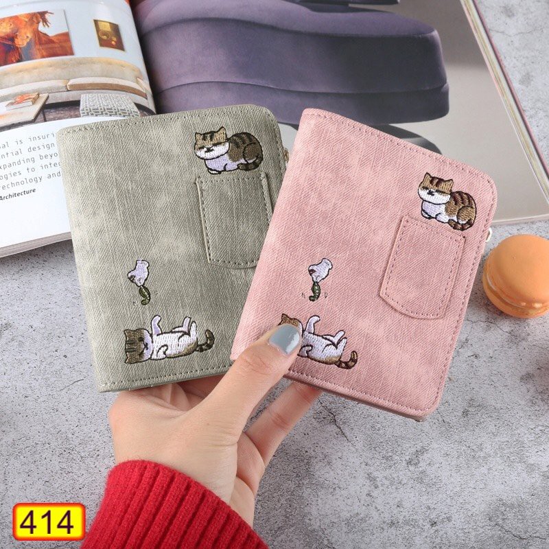 Ví Ngắn Nữ Mini Cầm Tay Cao Cấp Thêu 2 Chú Mèo Dễ Thương
