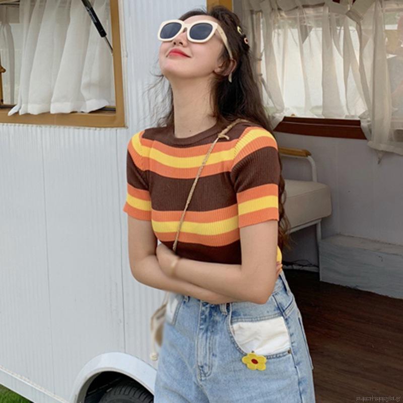 Áo Thun Ngắn Tay Sọc Ngang Xinh Xắn Cho Nữ